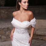 Illusion Sleeve Plunging Ball Gown Wedding Dress
